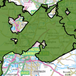 Detail of West MIdlands Greenbelt (2022/23) showing South Coventry to Leamington Spa